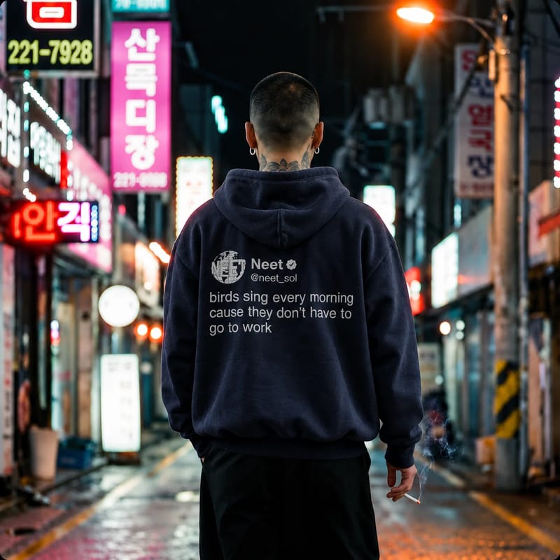 Navy hoodie on a neon street at night