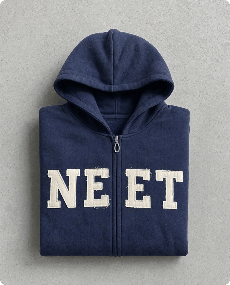 Stitched NEET lettering detail